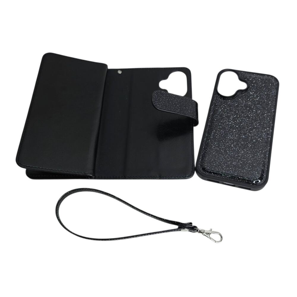 Phone Case for iPhone 16 Pro Black Glitter W Detachable Wallet with Card Holder